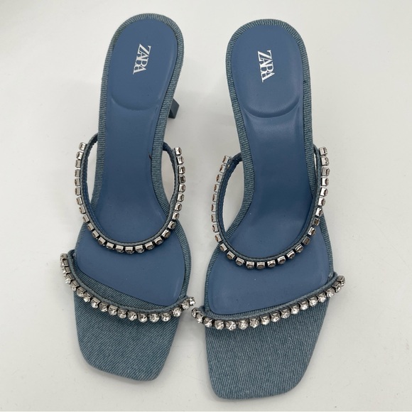 Zara denim Blue Rhinestone Slide Strappy square toed  Heels new size 39 - Picture 5 of 6